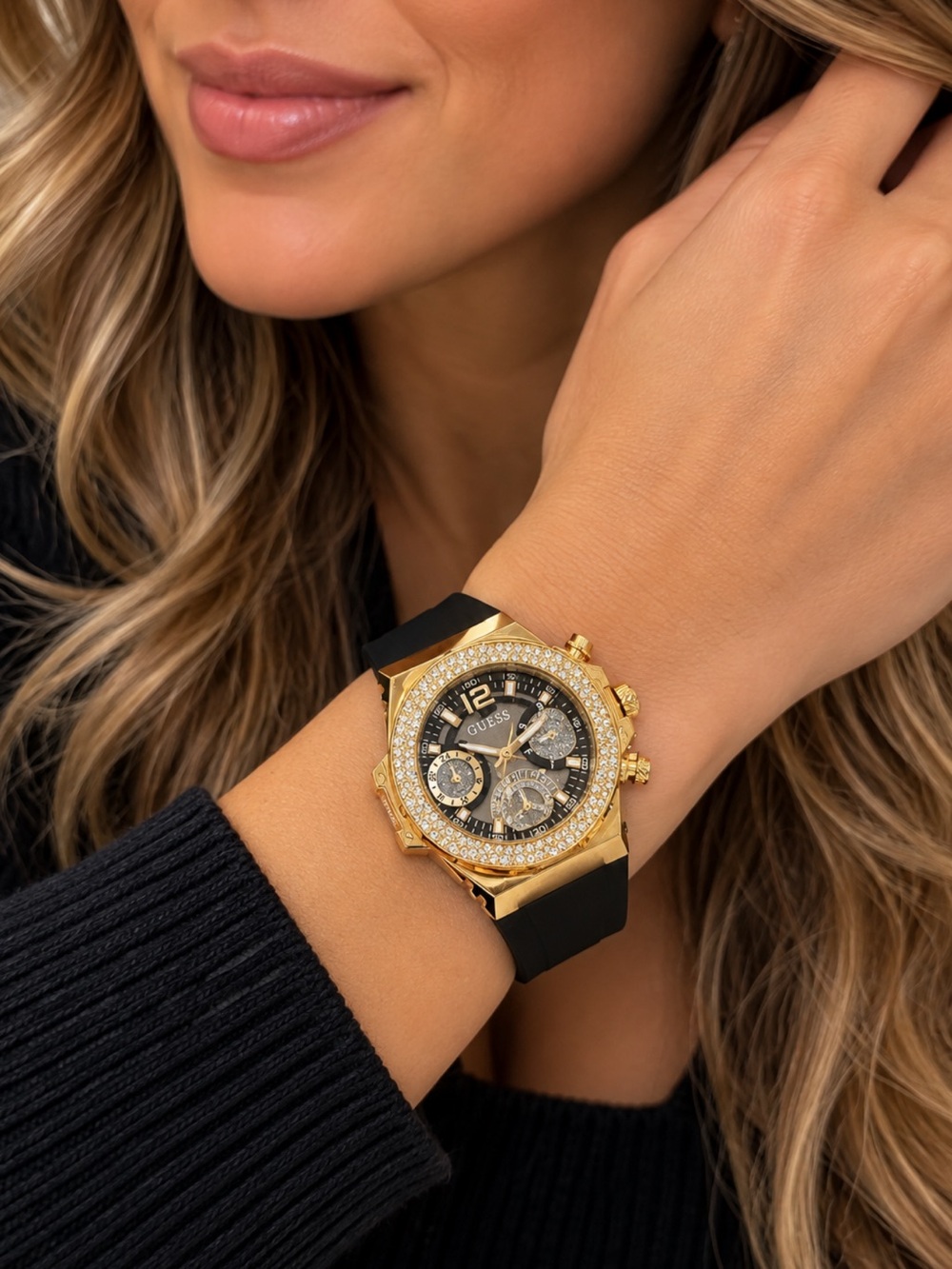 GUESS Black Crocodile EmbossedLeather Strap Watch with Gold Tone and Crystal